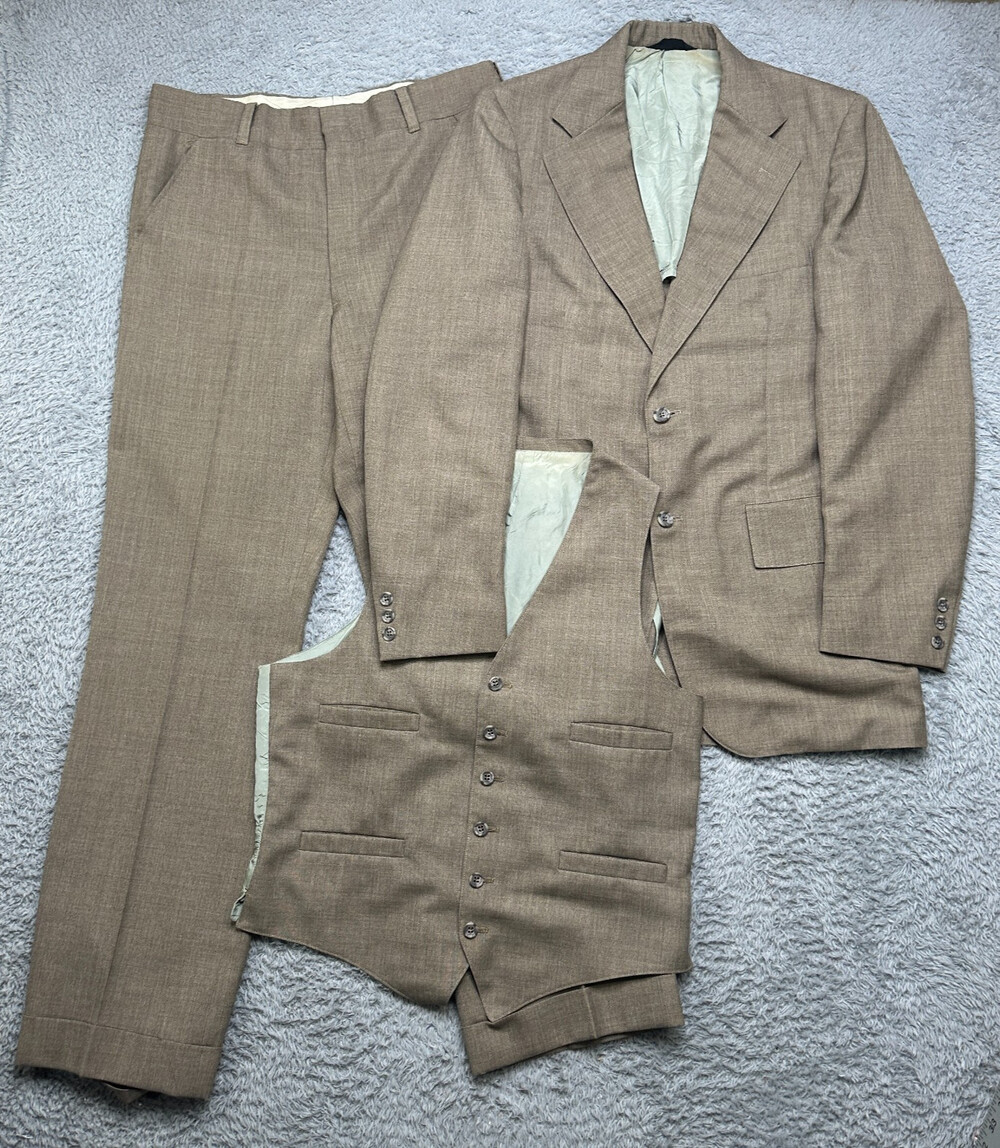 Vintage 70s Daytons 3-Piece Suit Men 38L 32x31 Tan Talon Zipper Vest Blazer